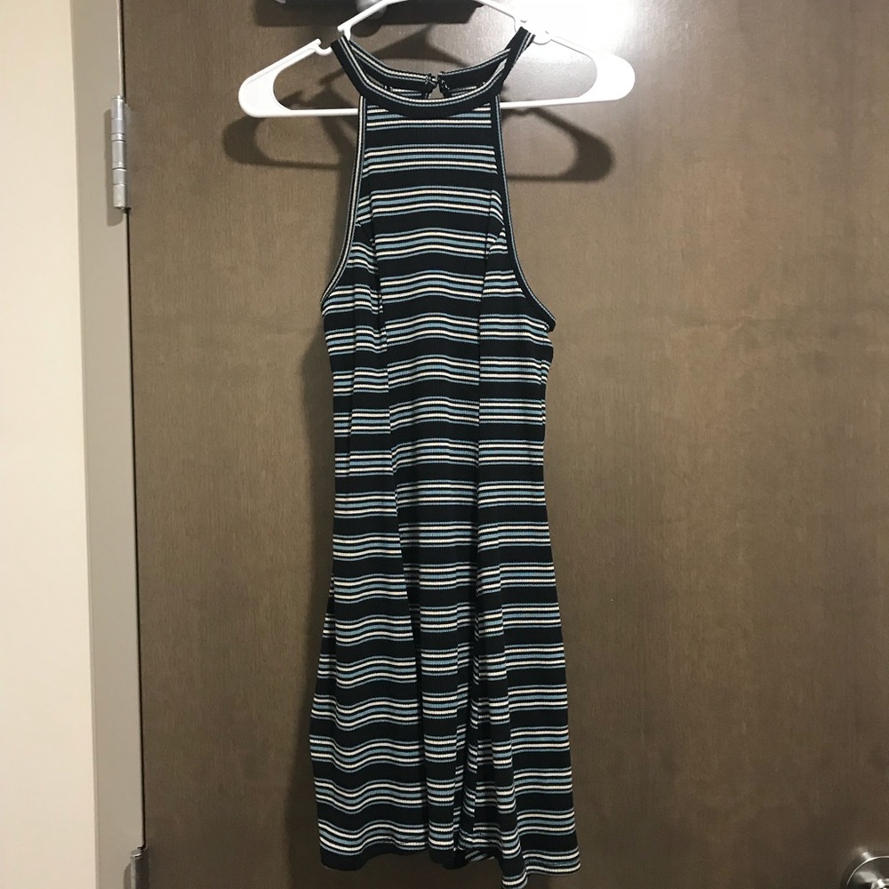 navy, blue, and white striped skater dress